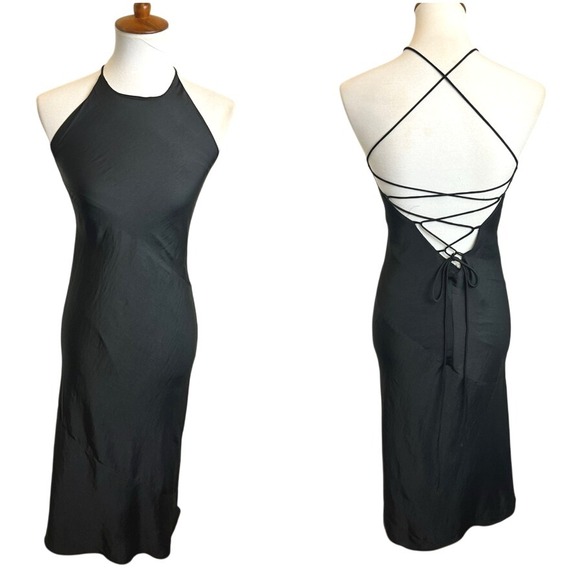 Urban Outfitters S+N High Neck Strappy Back Bias Cut Satin Midi Slip Dress - Picture 1 of 10